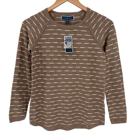 Karen Scott Boxstitch Curved Hem Sweater Women PP Chestnut Heather Tan White NWT - Picture 2 of 7